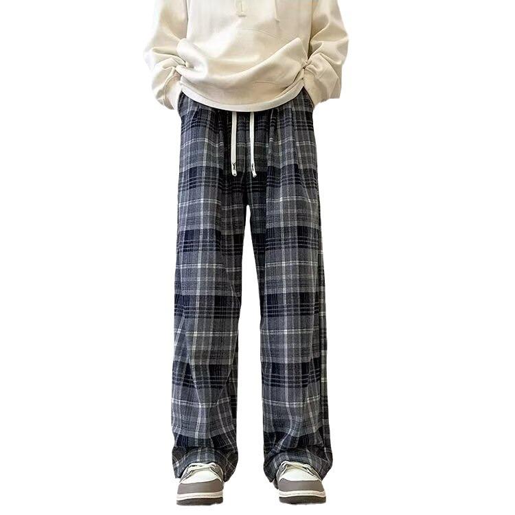 Retro Plaid Casual Pants Men's Spring and Autumn New Drape Wide-leg Cityboy Trendy Sports Straight Pants