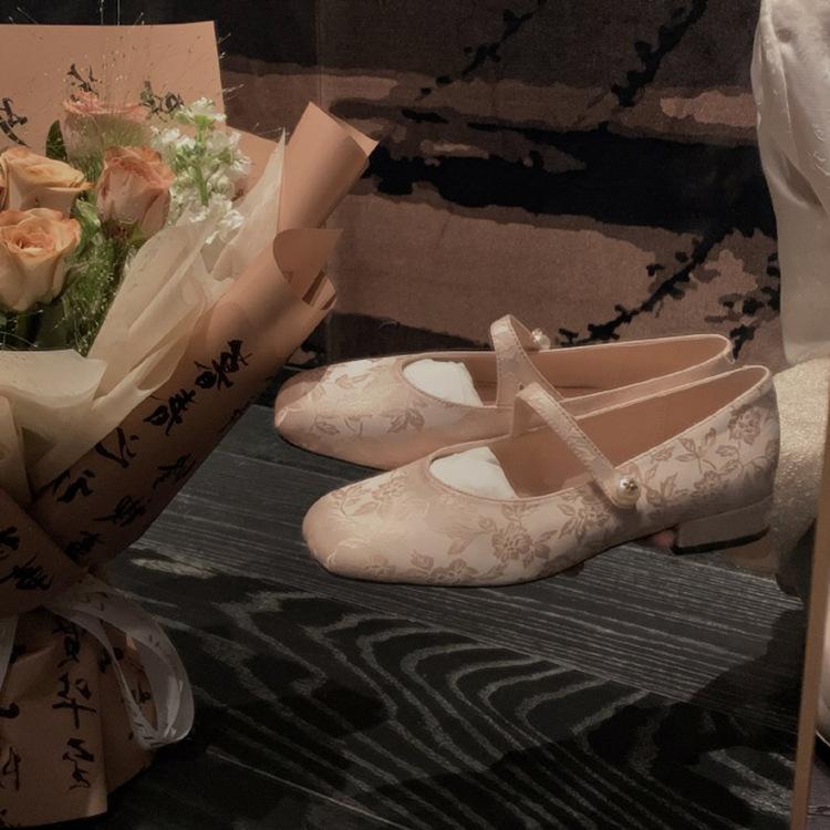 Sheepskin Version~ Single Shoes Women's Skirt Pearl Satin Jacquard with Square Head Mary Jane Shoes