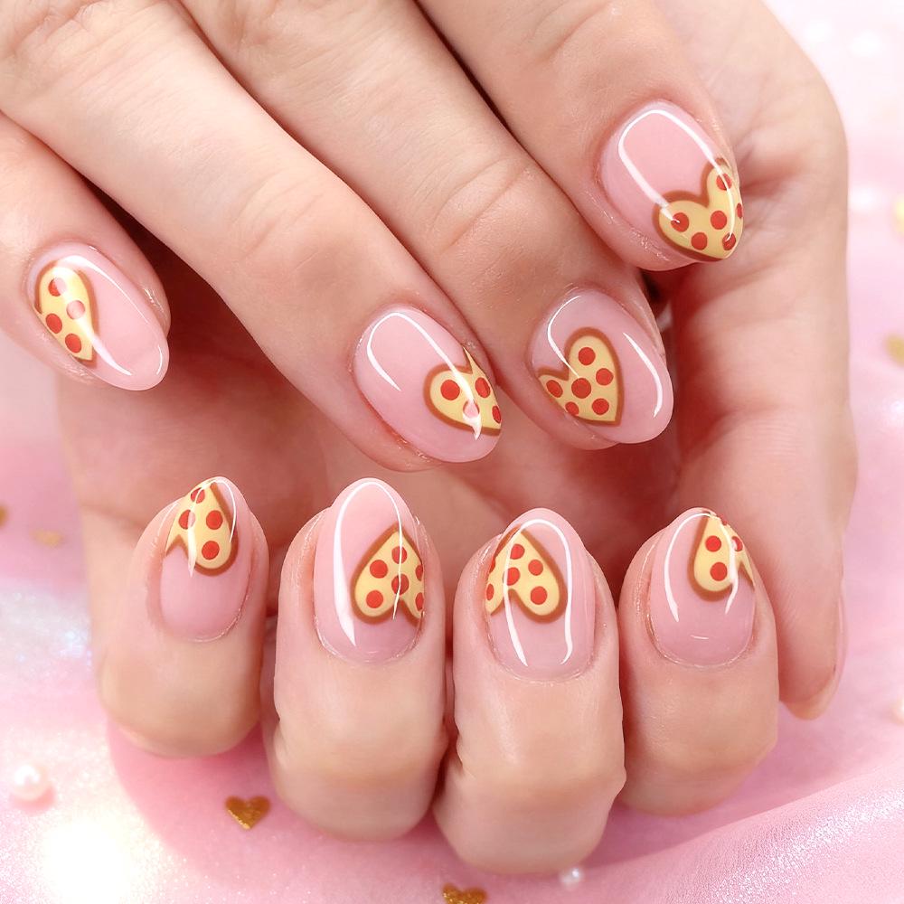 European-Style Floral Pink Rose Yellow Fake Nails with Pink White Hearts - 24-Piece Set