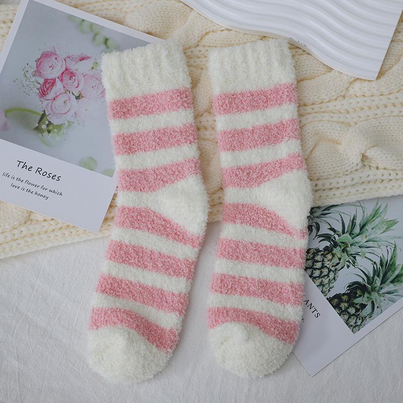 Women's Winter Mid-calf Socks, Coral Fleece Socks, Thickened and Fleece Warm Striped Fleece Socks