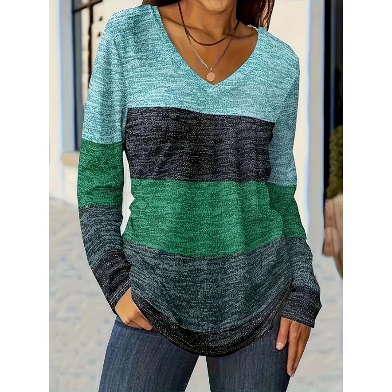 

Весенне-осенняя футболка с V-образным вырезом, 3D колор-блок, полосатый принт, модная повседневная женская футболка с длинным рукавом 4XL