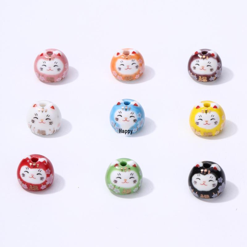Ceramic Lucky Cat DIY Bracelet Pendant - Vertical Hole Beaded Charm Daruma Cat Accessories