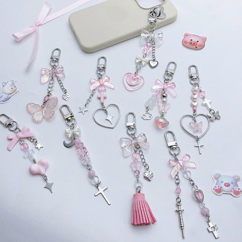 Modischer Herz-Schmetterling-Schleifenknoten-Anhänger Süßes Handy-Lanyard Taschen-Dekoration Tragbares Hänge-Lanyard für Mädchen Frauen