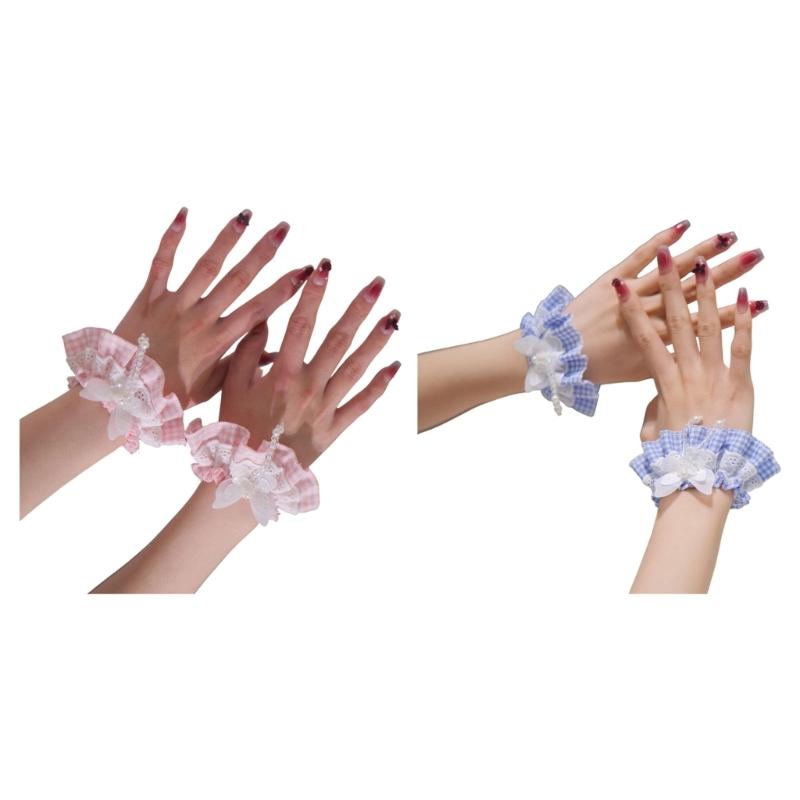 Spitzen Rüschen Dekorative Ärmel Handgelenkabdeckungen Mit Karomuster Schleifen Dekorationen Für JK Uniform Und Cosplay Kostüm Zubehör
