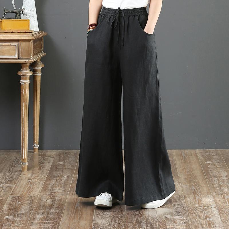 Casual Cotton and Line Plus Size Women Wide Leg Pants Korean Fashion Spring Summer Loose High Waist Pants Ladies Solid Color Elegant Trousers 1097