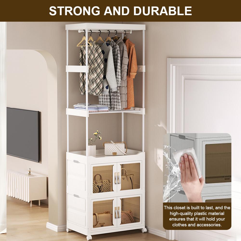 Mobile Wardrobe Clothes Organizer with Haging Rod & Cabinet Clothing Storage Shelf Wardrobe Closet Rack for Bedroom Living Room