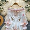 Boho Floral Off Shoulder Floral Print Mini Dress Women Long Sleeve Ruffle Hem Smocked Waist Vintage Summer Beach Dress