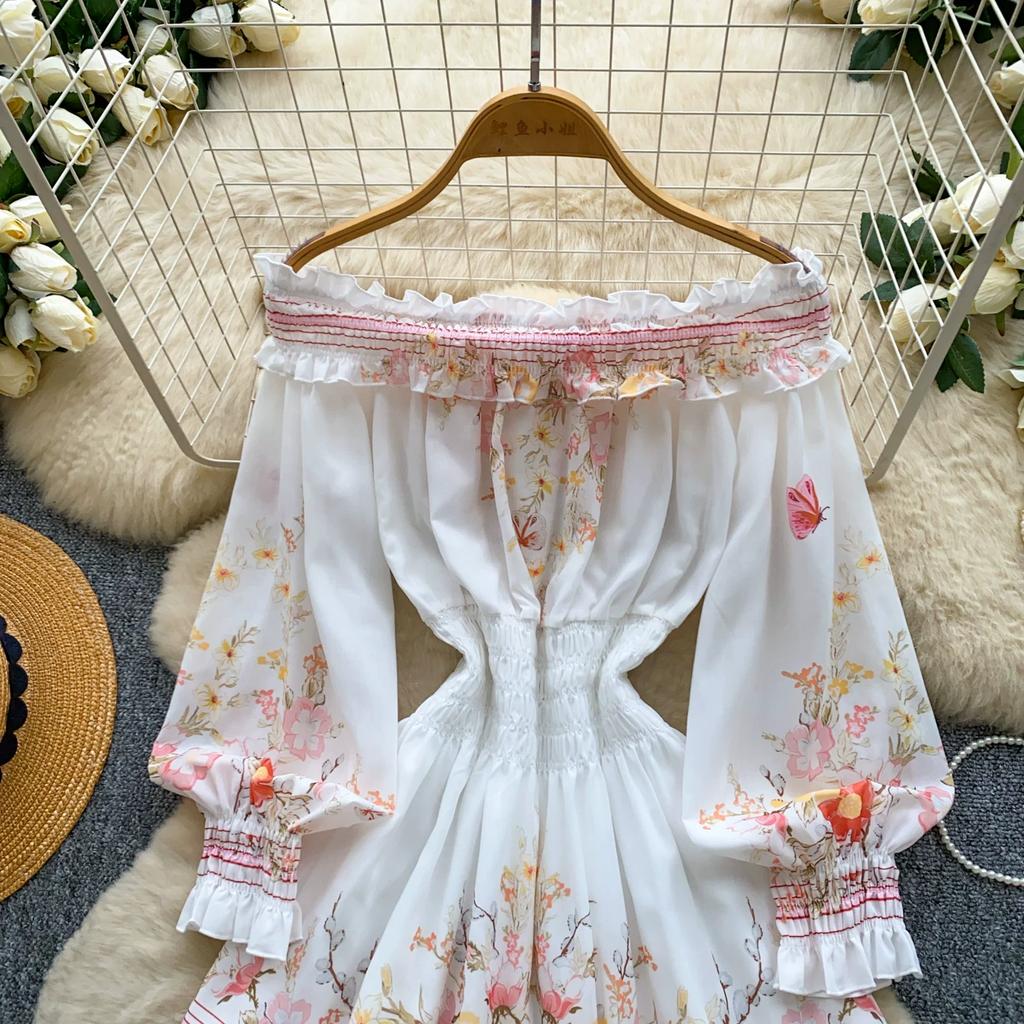 Boho Floral Off Shoulder Floral Print Mini Dress Women Long Sleeve Ruffle Hem Smocked Waist Vintage Summer Beach Dress