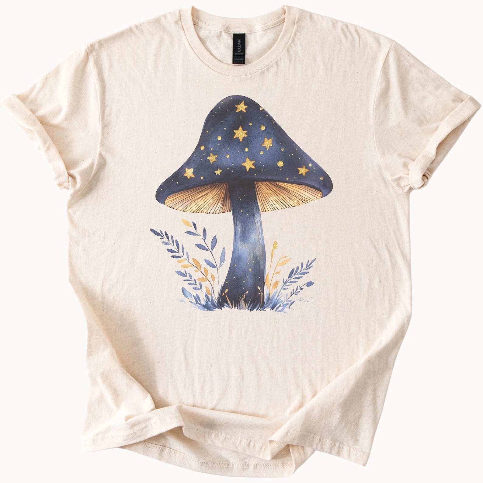 Celestial Mushroom Stars Night Sky Graphic T Shirt Cosmic Botanical Art Nature Inspired Handmade Shirt Fantasy Forest Blue Yellow Shirt 130