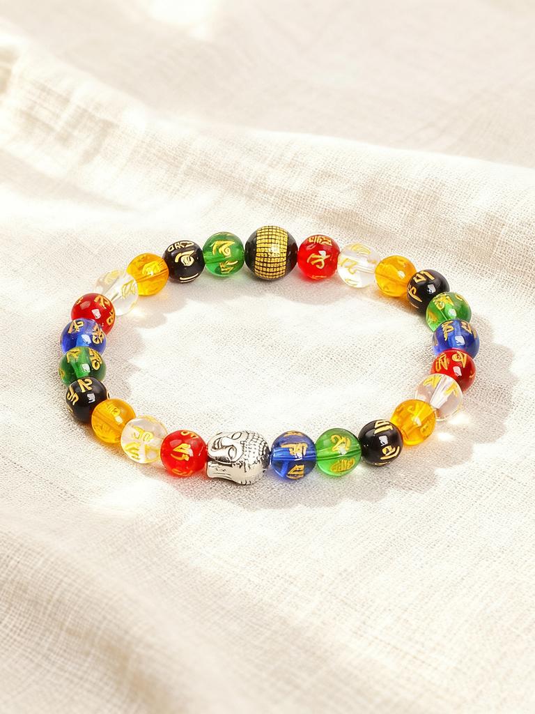 Colorful Crystal Six Syllable Mantra Beads Bracelet Natural Stone Prajna Paramita Heart Sutra Retro Buddha Head Energy Jewelry