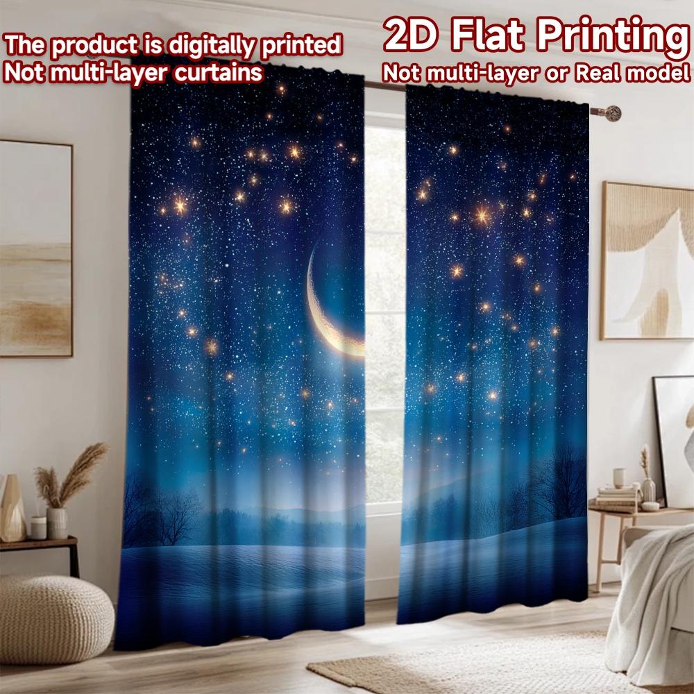 2D Flat Printing 2pcs Curtains Crescent Moon Night Stars Sky Digital Printed Polyester Drapes Festive Wall Decor Use for Booths