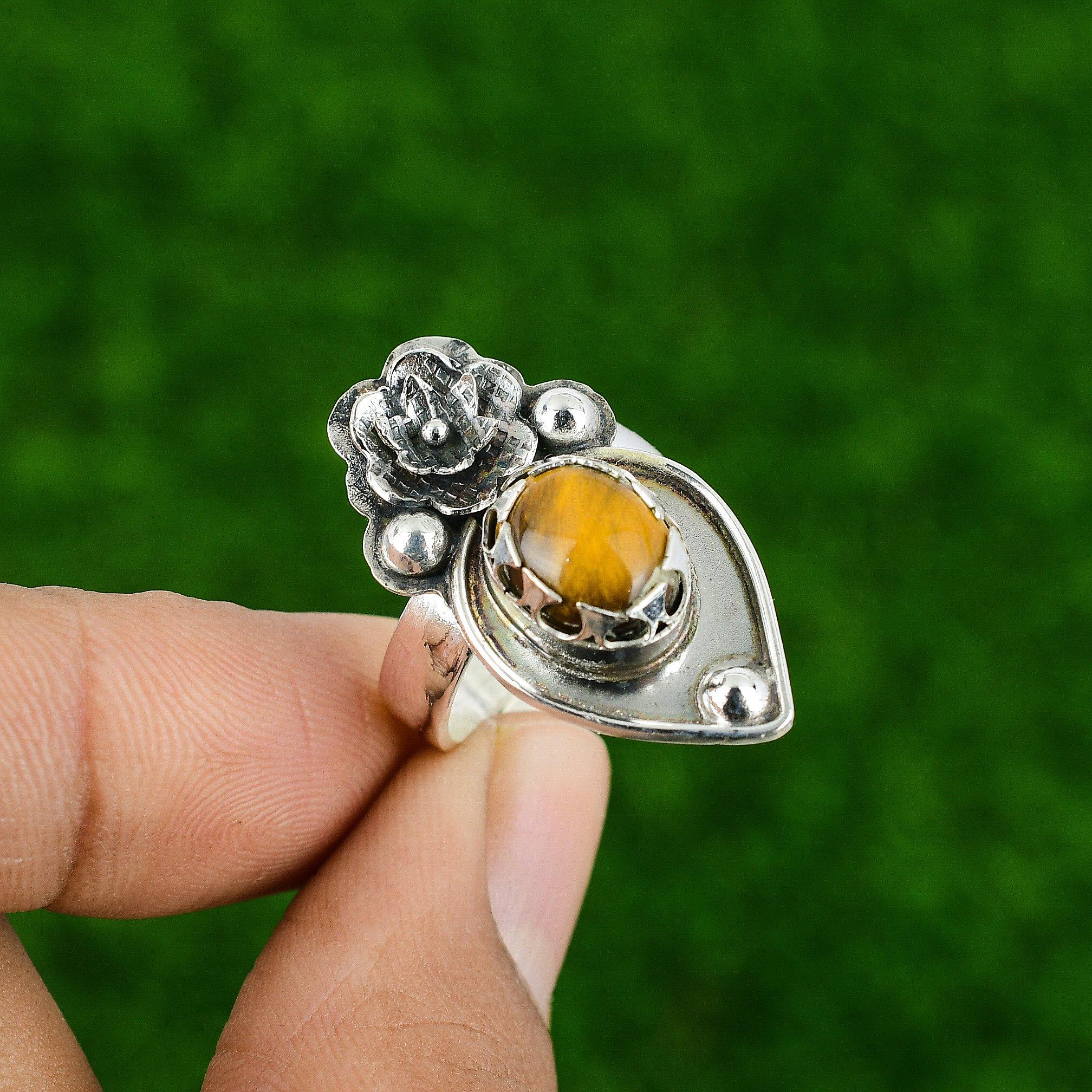 

Natural Tiger S Eye Gemstone Multi Stone Flower Adjustable Ring 925 Silver Adjustable