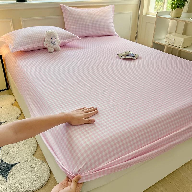 Plaid Fitted Sheet With Elastic Band Non Slip Adjustable Mattress Cover Soft Comfortable For Single Double King Queen Size