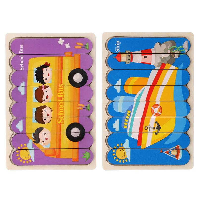 Kids New Wooden Two-sided Strip 3D Puzzles Wood Vehicle Fruit Jigsaw Puzzle Toy for Children Baby Learning Educational Toys Gift