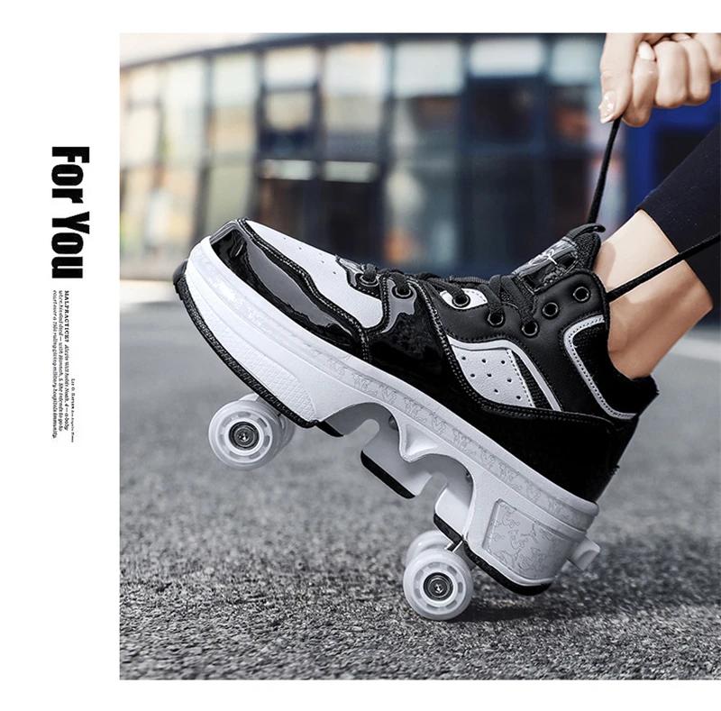 Parkour Shoes 4 Wheels Deformation Roller Skating Shoes Kids Adults Unisex Sneakers Street Urban Fitness FSK Quad Skating Shoes