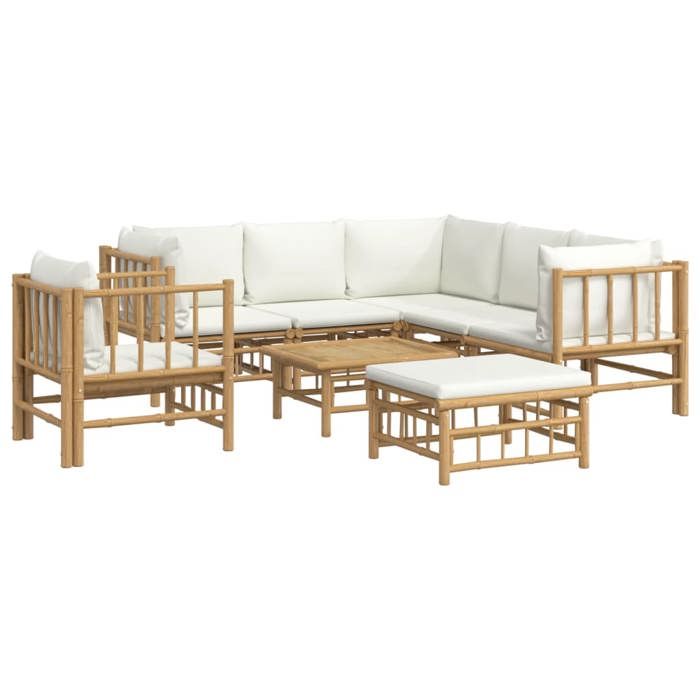 VidaXL Salon de jardin 8 pcs avec coussins blanc crème bambou, ensemble de salon, ensemble de salon extérieur 3155190