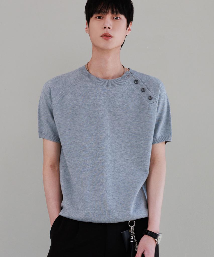 NODU Shoulder Button Raglan Crop Half Knit [Gray]