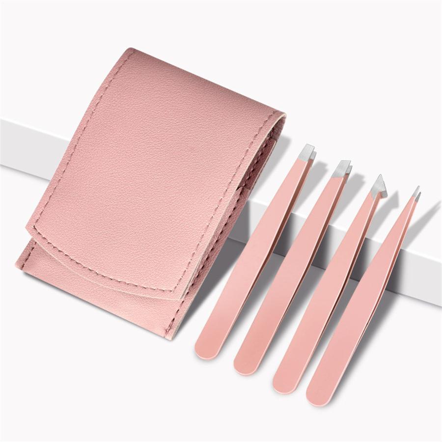 4pcs Professional Hair Removal Tweezers Stainless Steel Slanted Tip for Eyebrows Beard Armpit & False Lashes Precision Grip