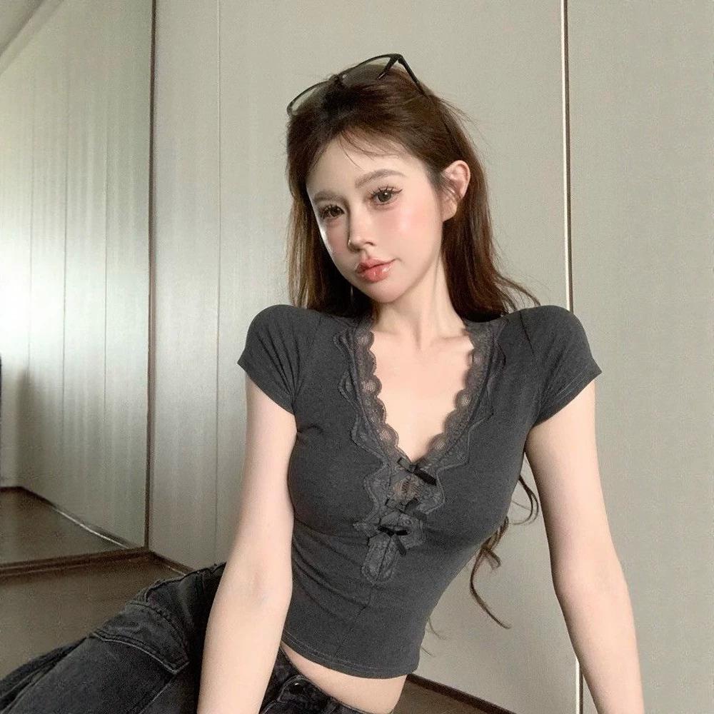 Bow Gray V-neck Lace Splicing Short-sleeved T-shirt Women's Summer Slim and Thin Niche Short Spice Girl Top Tide