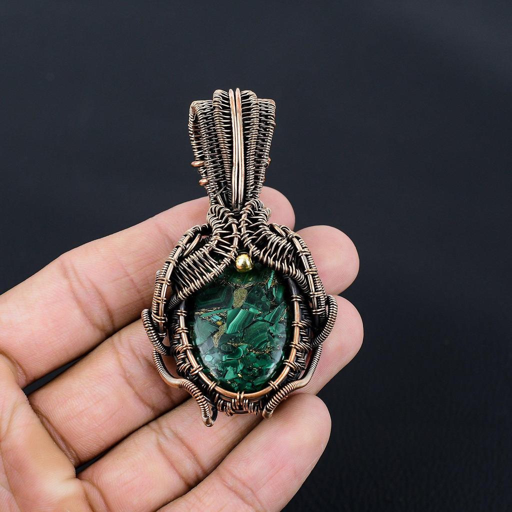 Copper Malachite Gemstone Handmade Jewelry Pure Copper Wire Wrapped Pendant