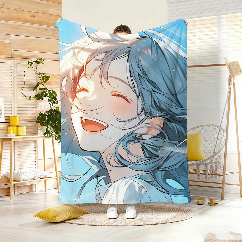 Anime B-BlueS hairedS Twin Tail Girl Throw Lightweight 240g Flannel Blanket Soft Skin-friendly for Summer Cooling