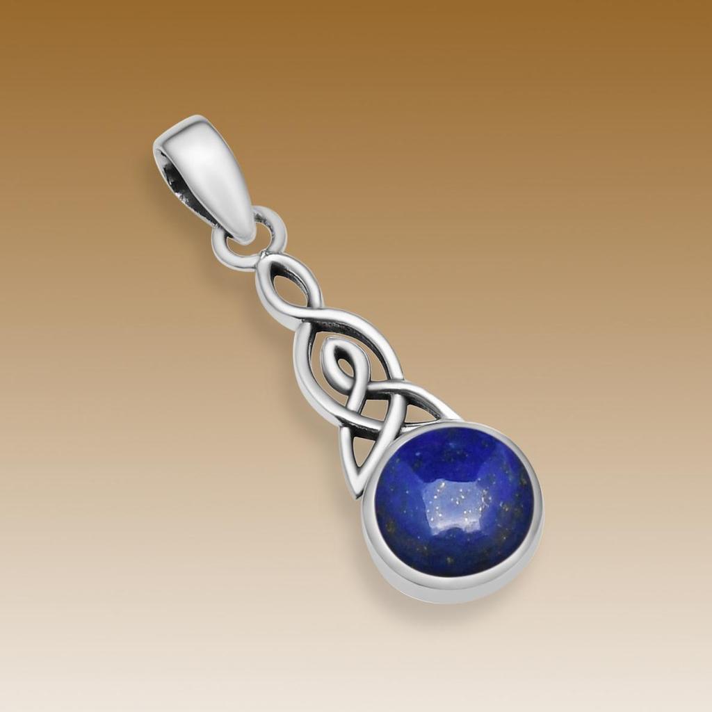 Natural Lapis Lazuli 10mm Round Gemstone Celtic Knot Triquetra Pendant 925 Sterling Silver Pendant For Women & Girls