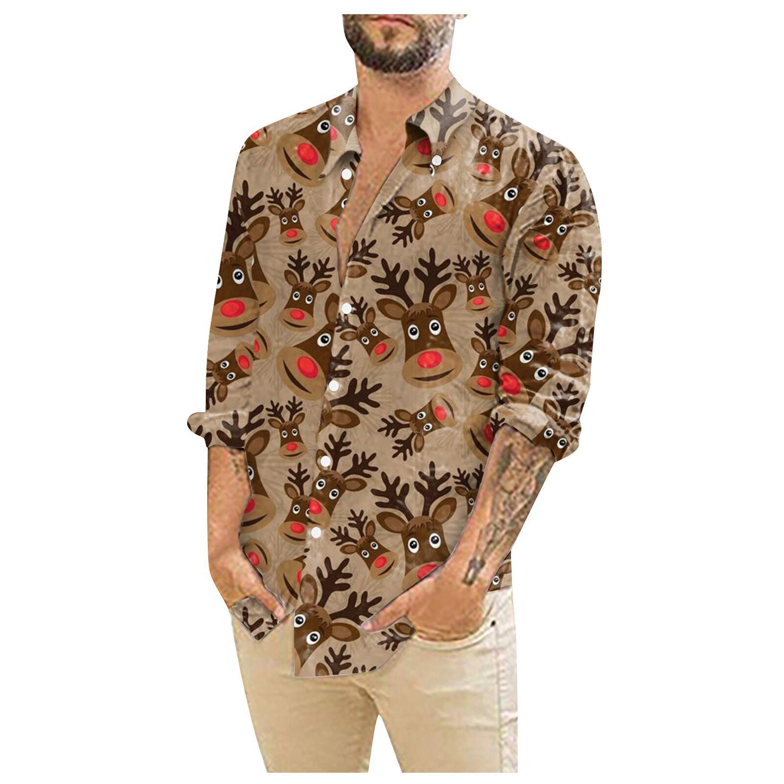 

Мужские рождественские рубашки с длинным рукавом и цветочным принтом, топы на пуговицах, забавная милая классическая рубашка с рисунком M кофейный