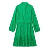 Women Vintage Three Quarter Sleeves Front Buttons Belt Green Embroidery Mini Dress