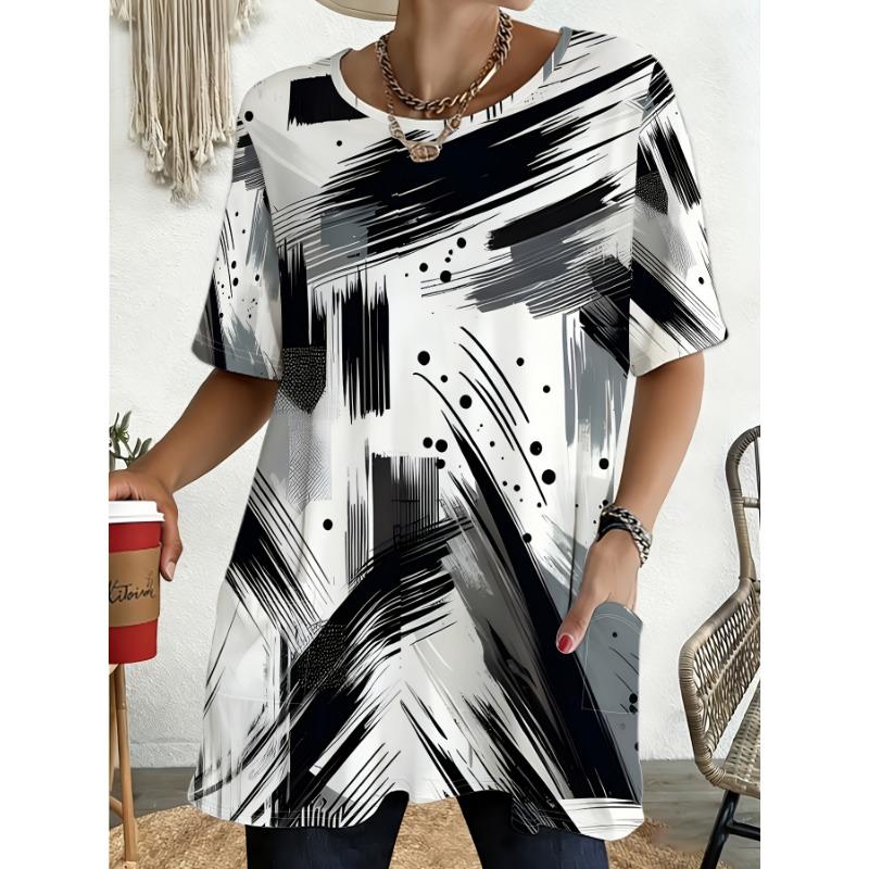 Women's Short Sleeve T-Shirt Abstract Brushstroke Print Round Neck Compatible Top