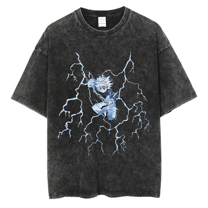 Hip Hop Retro Washed T-Shirt Streetwear Anime Hunter X Hunter Print Graphic T Shirt 100% Cotton Unisex Tshirt Men Tops