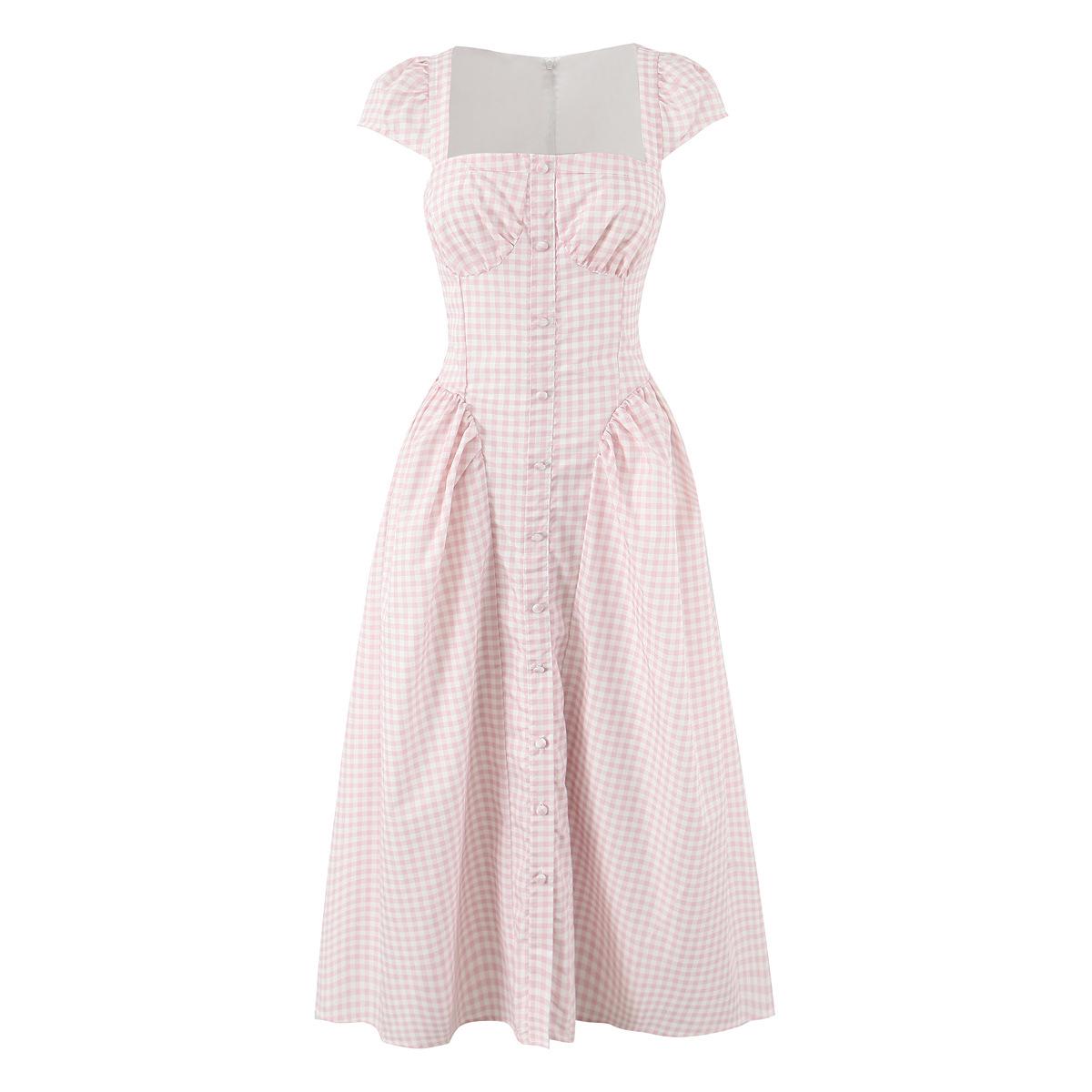 2025 Chic Plaid Waist-Cinched Mid-Length Dress with French Square Neck Medium