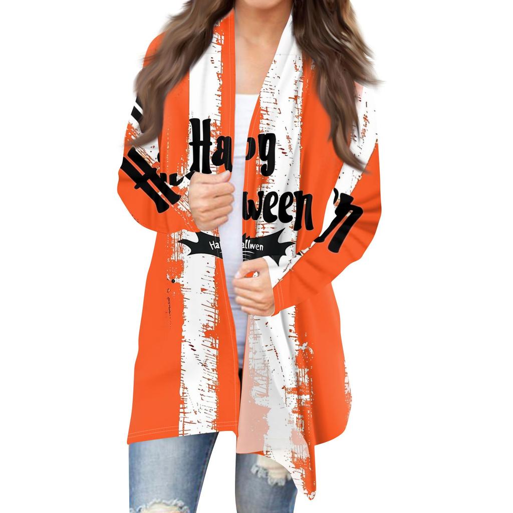 Cardigan da Donna alla Moda Casual con Stampa di Halloween a Lunghezza Media con Orlo Irregolare