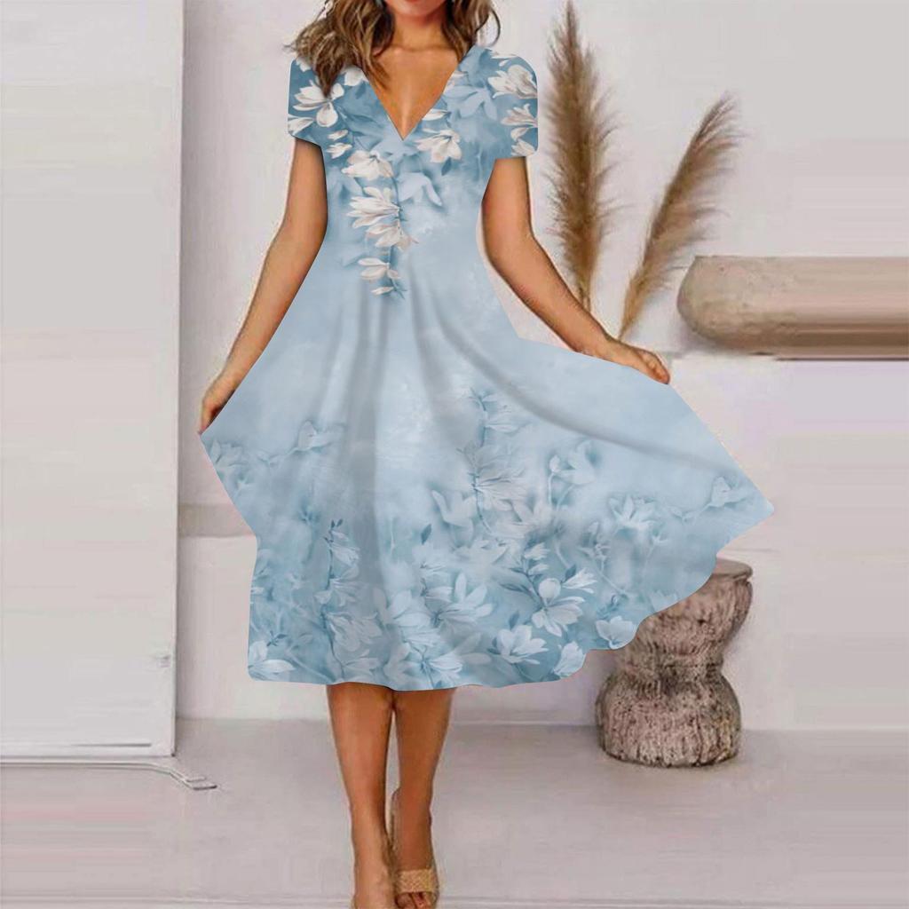 Abito Casual da Donna Estivo Casual Manica Corta Scollo a V Boho Vita Arricciata Stampato