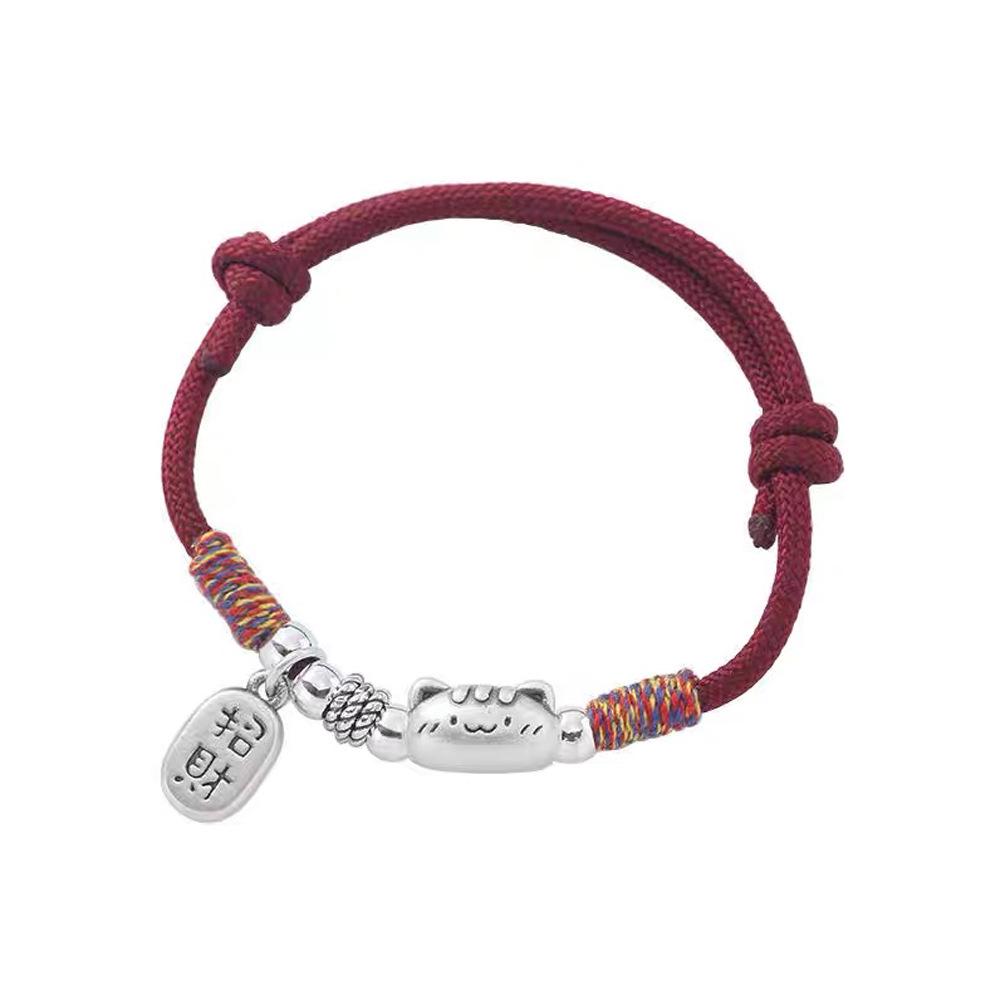 Sterling Silver Lucky Cat Red String Bracelet - Women's Chinese Style Light Luxury Jewelry