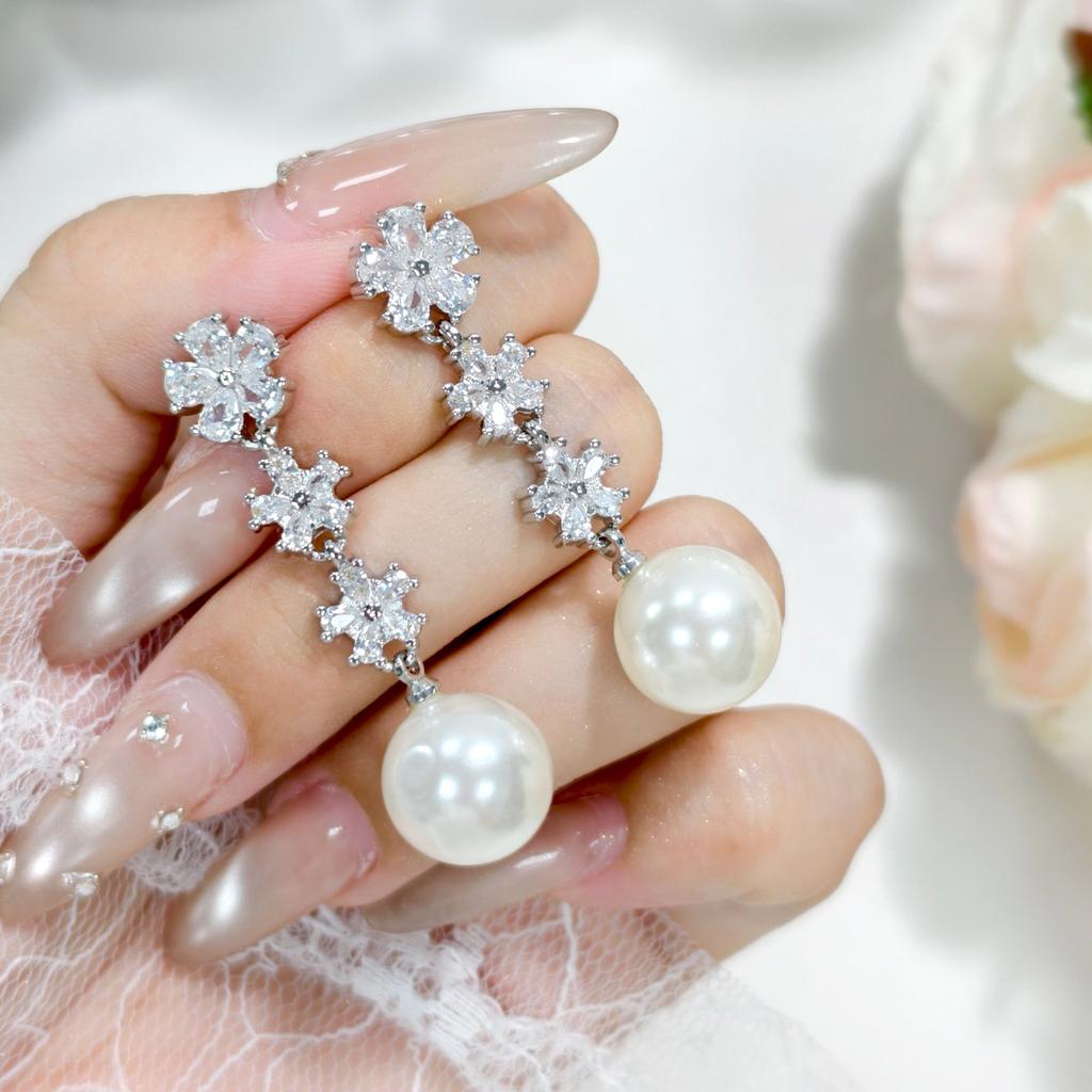 Luxury Natural Freshwater Pearl Bridal Jewelry Sets For Women Fashion Shiny Snowflake Zircon Earrings Necklace Ring Jewelry Gift
