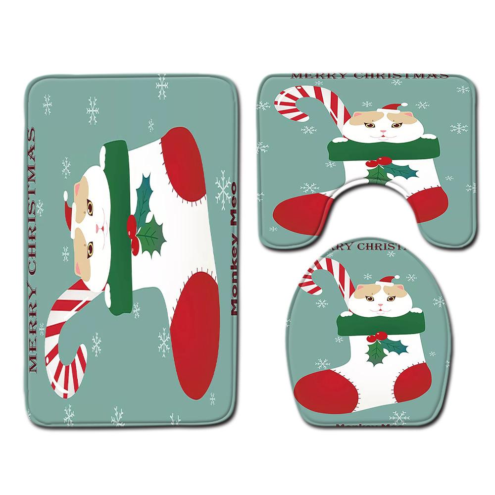 Christmas Shower Curtain Floor Mat Combination Four-Piece Set Bathroom Toilet Carpet Shower Room Mat Foot Mat