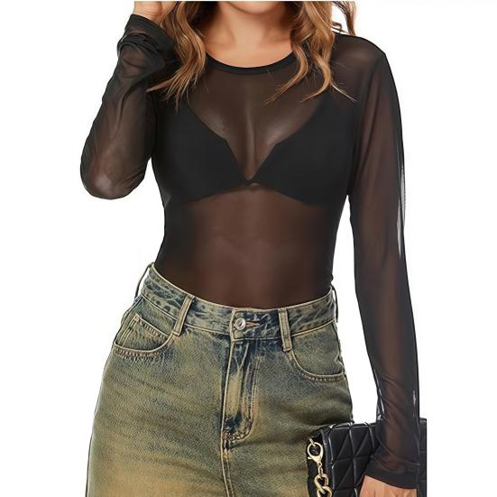 Sexy Oberteile Rundhalsausschnitt Langarm Durchsichtig Stickerei Spitze Blumenmuster Pullover Oberteile Vielseitiges Spitzen-Mesh-Layering-Shirt