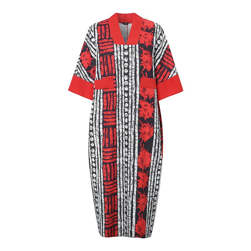 M-5XL Damen V-Ausschnitt Halber Fledermausärmel Gestreifter Druck Patchwork Lässiges Übergroßes Maxi-Kleid