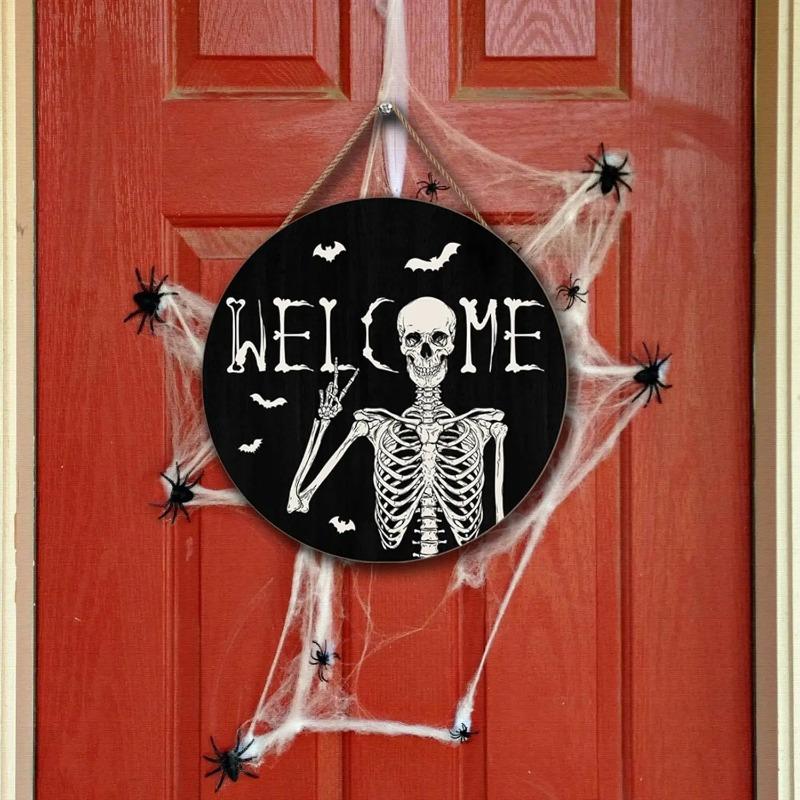 Wooden Skull Welcome Door Sign Front Door Hanger Decor Rustic Hanging Wreath Wall Sign Home Outdoor Wall Decor for Church Front Door Wall