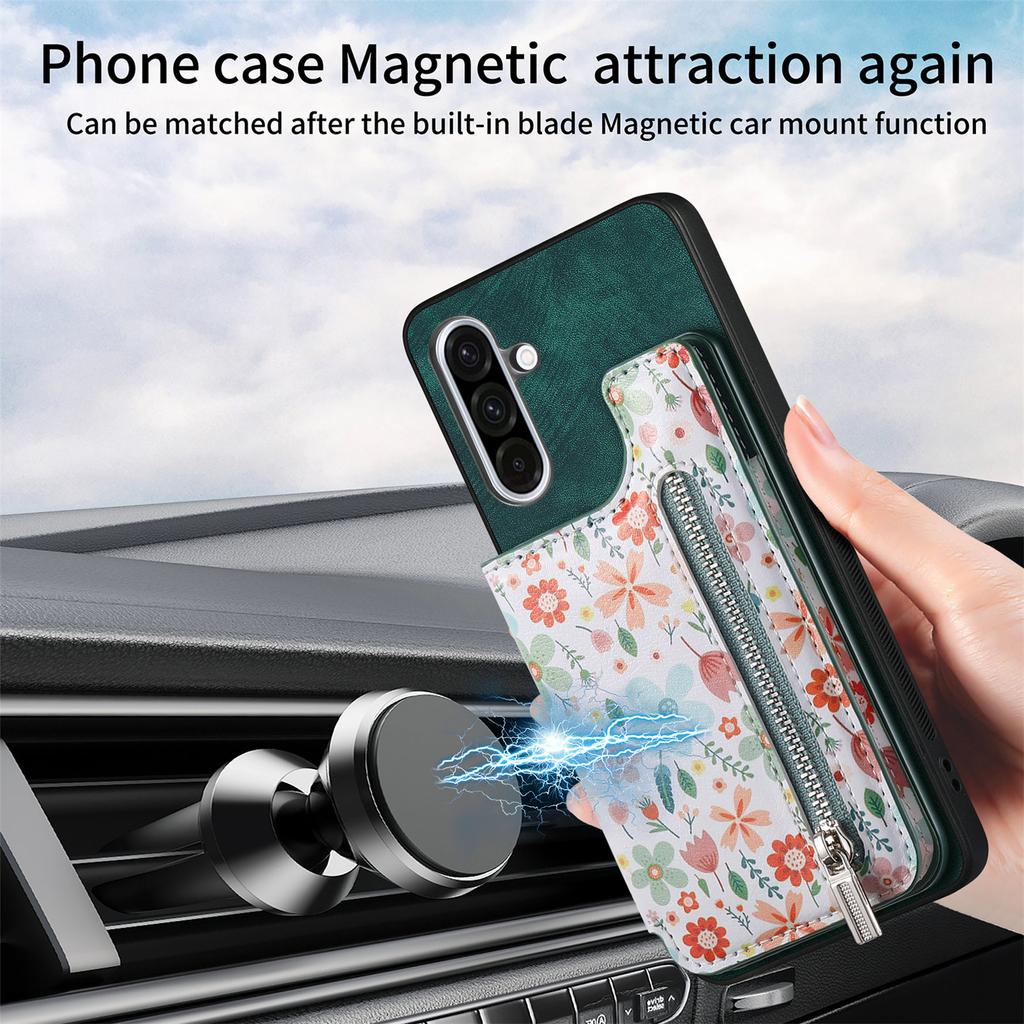 Für Samsung Galaxy A56 5G Leder-Telefonabdeckung mit RFID-blockierendem Reißverschluss und Kartentasche mit Ständer