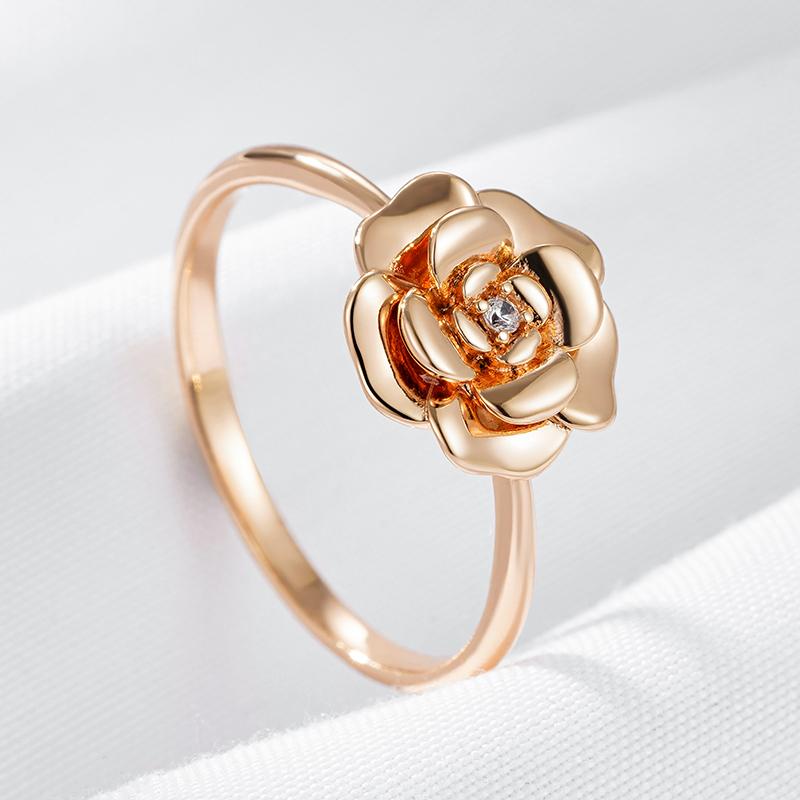 Creative Glossy Metal Flower Rings For Women Fashion  Rose Gold Color With Natural Zircon Daily Girls Fine Jewelry