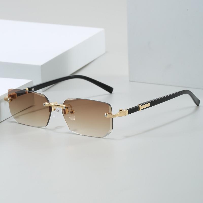 Unpolarisierte Stilvolle Randlose Rechteckige Modebrille für Männer & Frauen - Trendige Goldene Metallrahmen