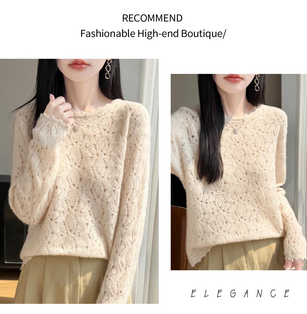 ER26 Spring Hollow Flower Knit Top - Sweet Crochet Texture Pullover for Women