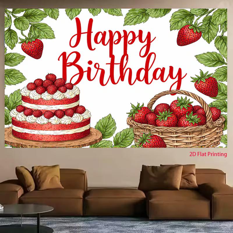 2D Cute Strawberry Basket Happy Birthday Photo Booth Background