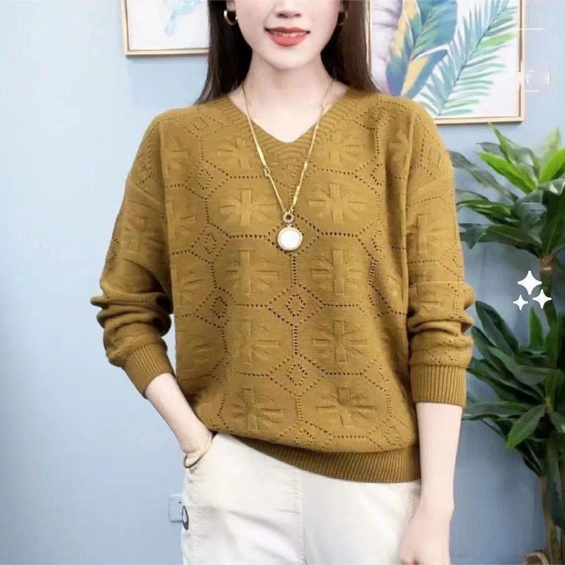 

Женские ажурные свитера с V-образным вырезом, женские осенне-зимние свитера с длинным рукавом, однотонный повседневный вязаный джемпер свободного кроя XXXL темно-желтого