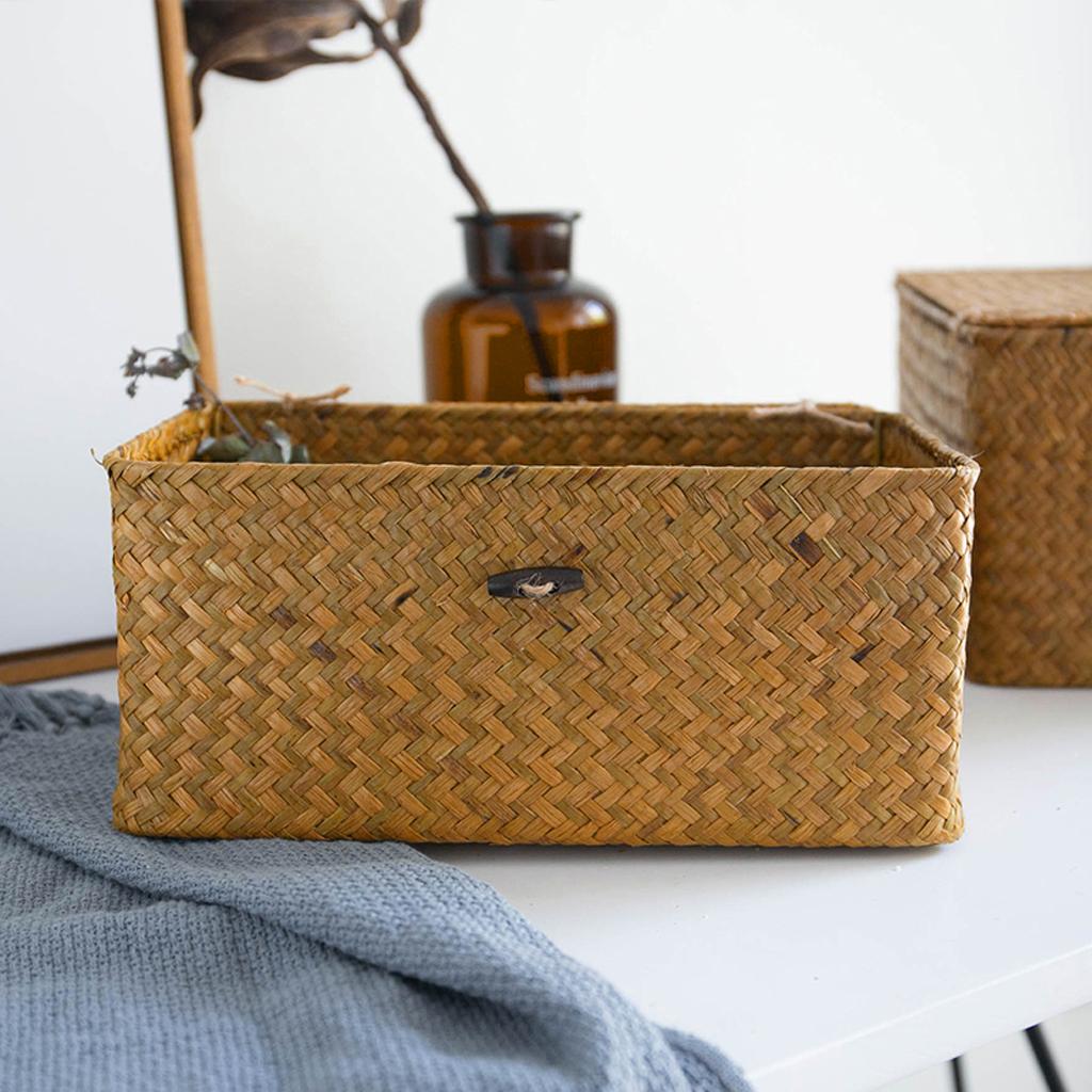 Wicker Basket with Lid, Seagrass Woven Basket for Storage, Decorative Storage Baskets Bins for Organizing Home