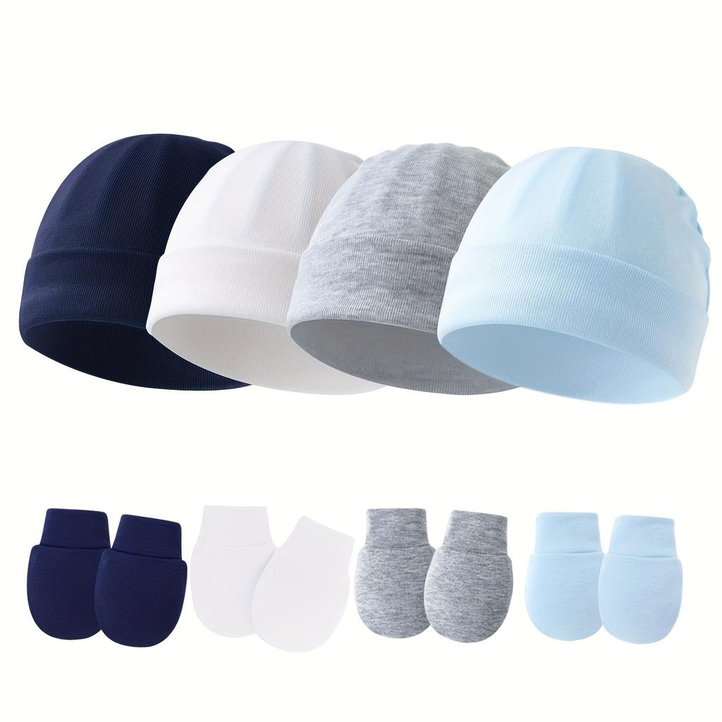 4set Cute Baby Mittens Newborn, No Scratch Baby Boy Mittens, Baby Girl Hat Gloves for Toddlers, Infant, Newborn