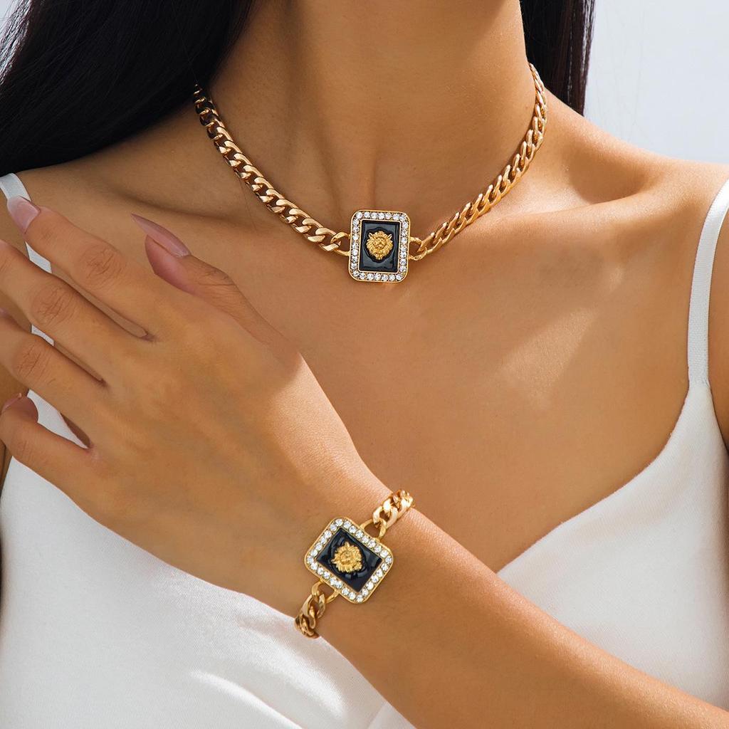 Luxury Lion Head Necklace & Bracelet Set: Rhinestone-Embellished Alloy Chain with Square Pendant for Women