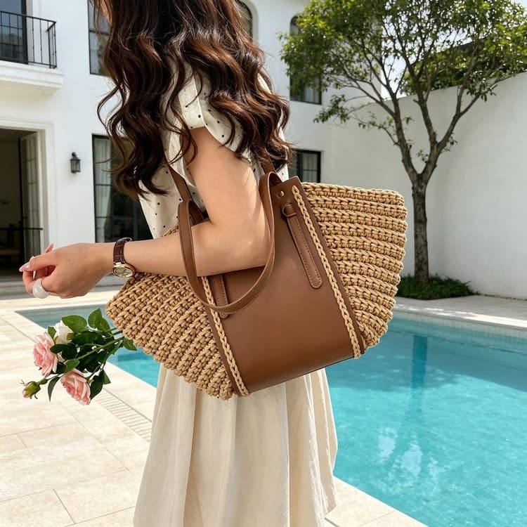 Bolso de hombro de paja para mujer