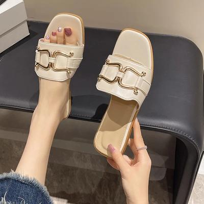 Fashion Women Wearing Flat Slippers 2025 Summer New Simple Large Size Metal Buckle Temperament Word Fairy Wind Sandals